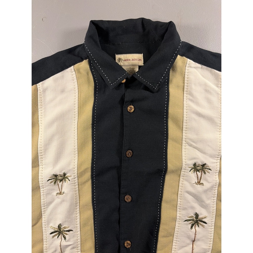 Havana Jack's Cafe Shirt Mens Large Black Palm Tree Embroidered Rayon Camp Top